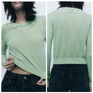 ZARA Wool Blend Pearl Beaded‎ Sweater M Green